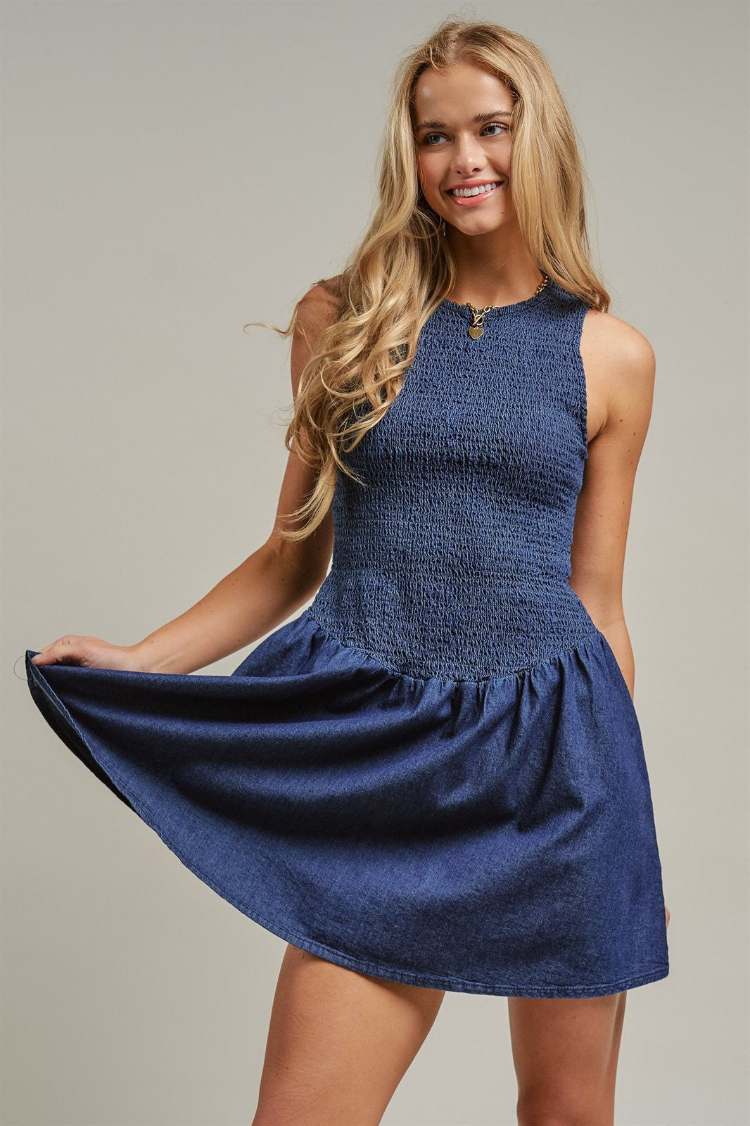 Smocked Denim Drop Waist Mini Dress in Indigo - Women's Dresses | Urban Daizy