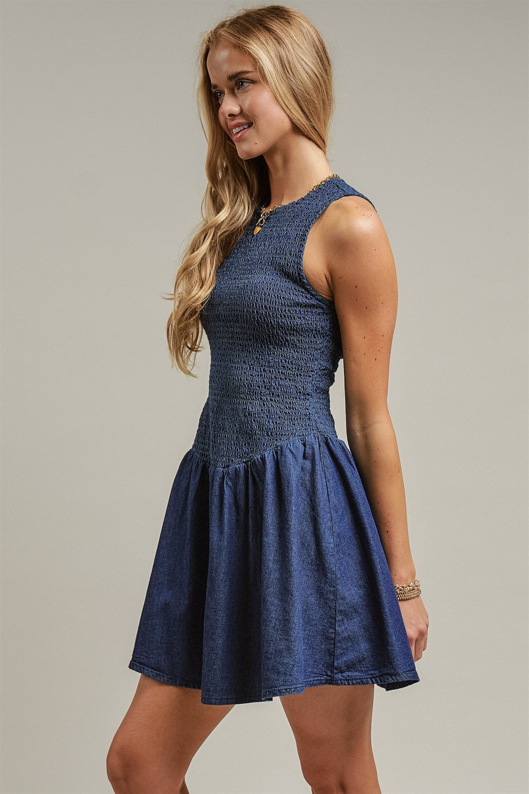 Smocked Denim Drop Waist Mini Dress in Indigo - Women's Dresses | Urban Daizy