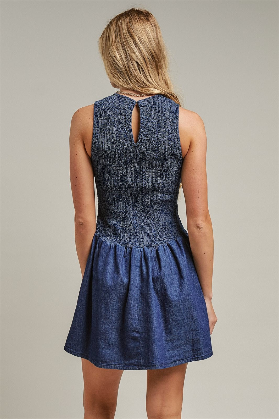 Smocked Denim Drop Waist Mini Dress in Indigo - Women's Dresses | Urban Daizy