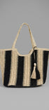 Striped Woven Straw Tote Bag with Tassel in Black - Women's Fashion | Urban Daizy