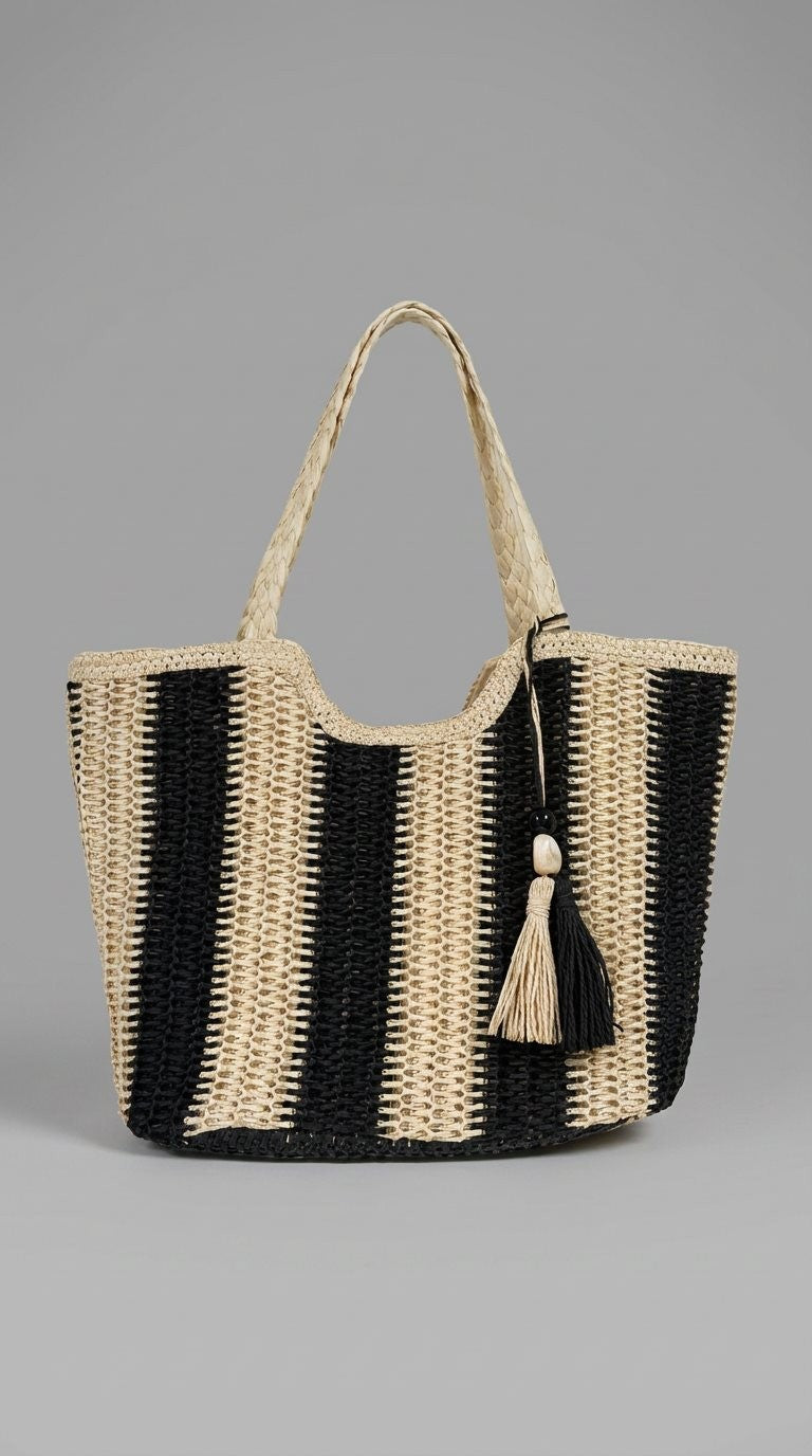 Striped Woven Straw Tote Bag with Tassel in Black - Women's Fashion | Urban Daizy