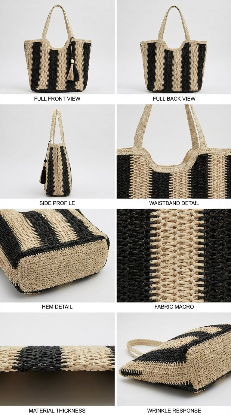 Striped Woven Straw Tote Bag with Tassel in Black - Women's Fashion | Urban Daizy