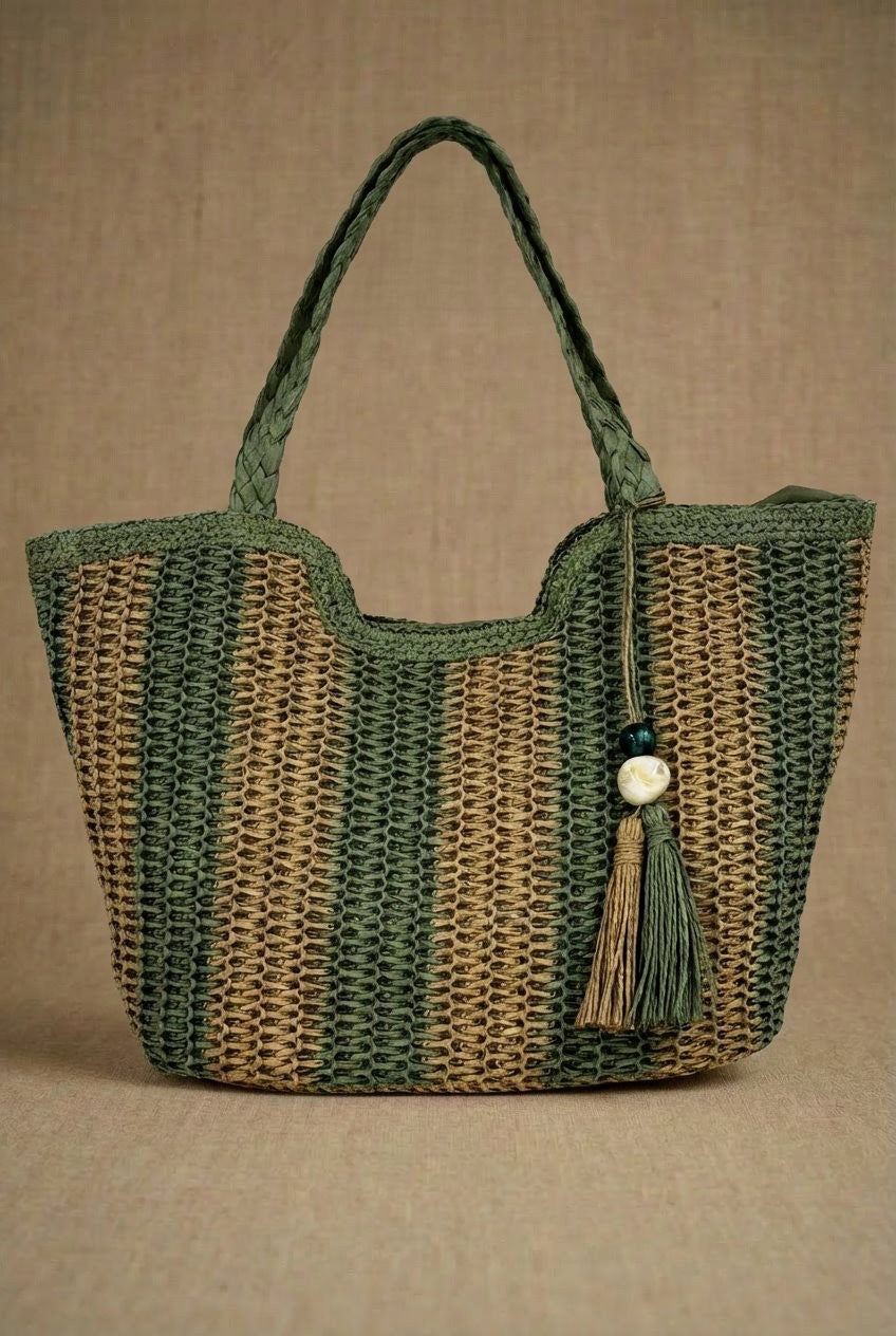Striped Woven Straw Tote Bag with Tassel in Olive - Women's Fashion | Urban Daizy