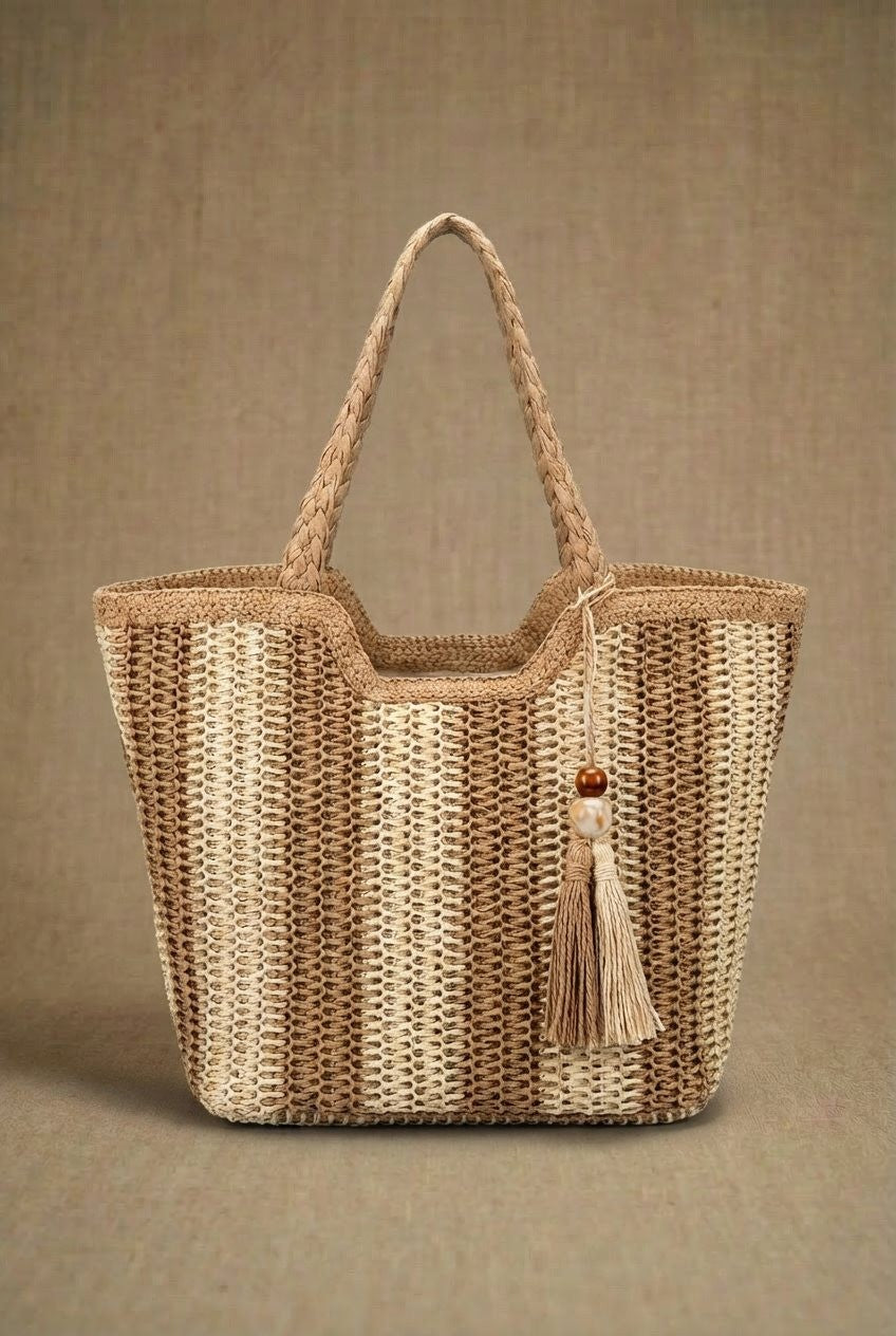 Striped Woven Straw Tote Bag with Tassel in Taupe	 - Women's Fashion | Urban Daizy
