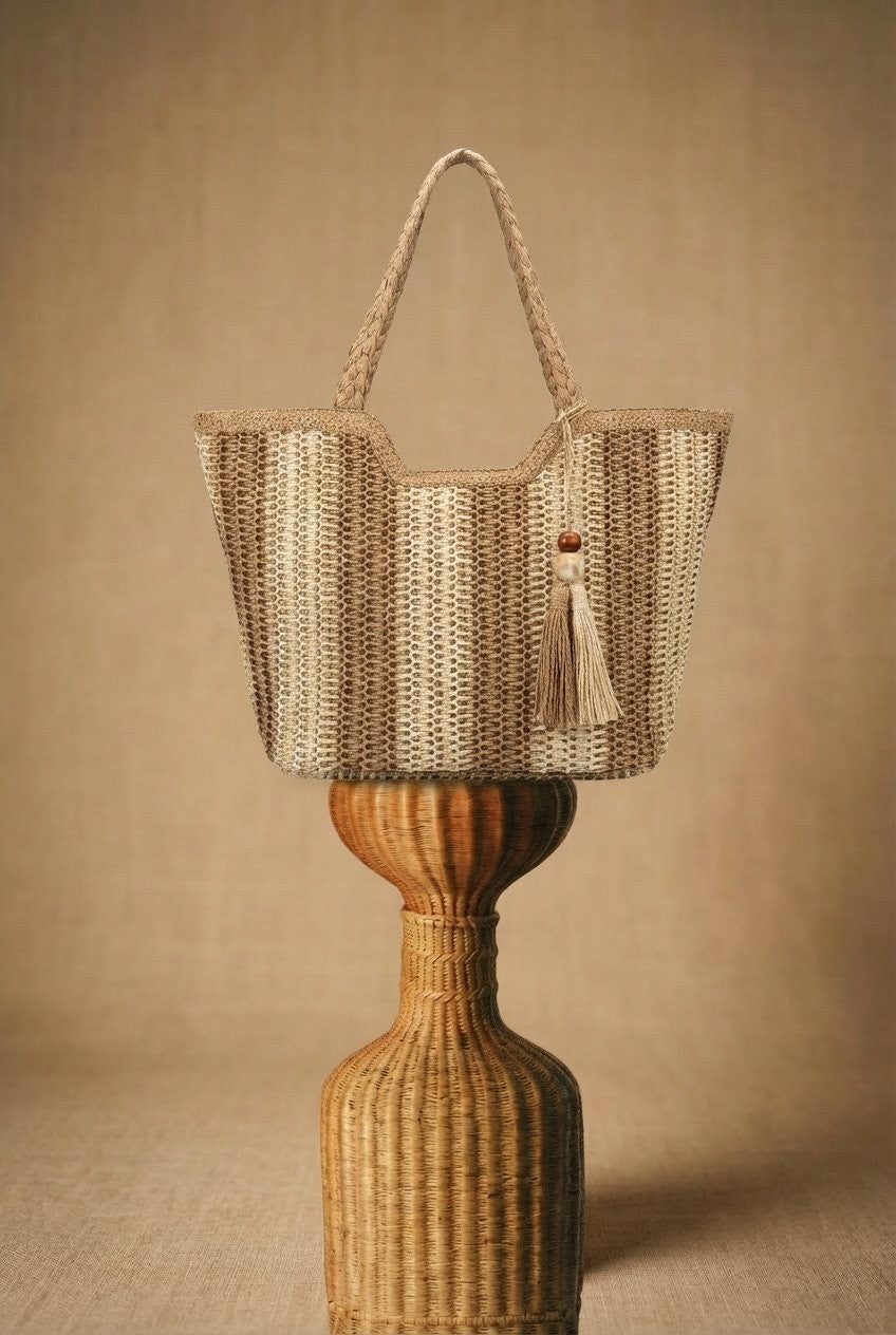 Striped Woven Straw Tote Bag with Tassel in Taupe	 - Women's Fashion | Urban Daizy