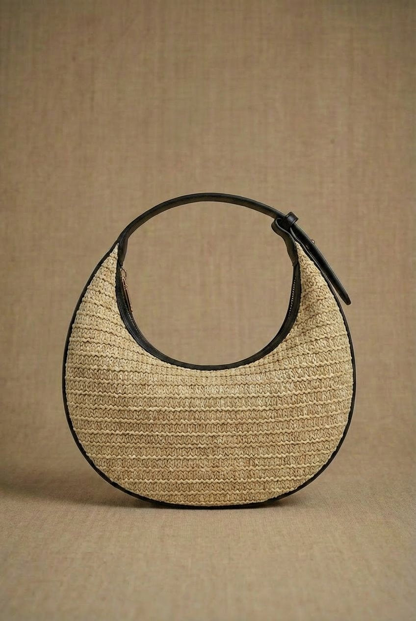 Woven Raffia Crescent Hobo Bag with Leather Trim in Black - Women's Fashion | Urban Daizy