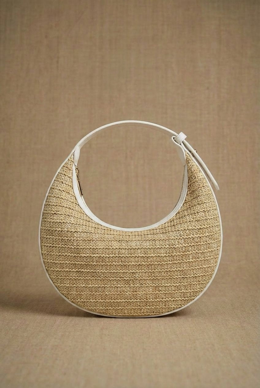 Woven Raffia Crescent Hobo Bag with Leather Trim in White - Women's Fashion | Urban Daizy