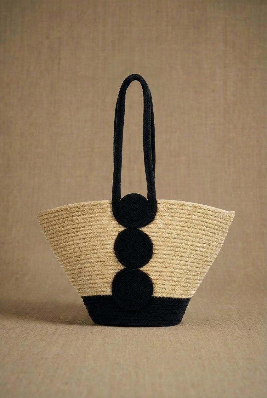 Rope Coil Tote Bag with Circle Appliqué Detail in Tan - Women's Fashion | Urban Daizy