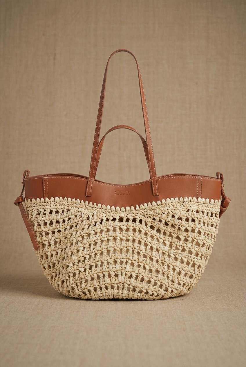 Woven Raffia & Leather Trim Double Strap Tote in Tan - Women's Fashion | Urban Daizy