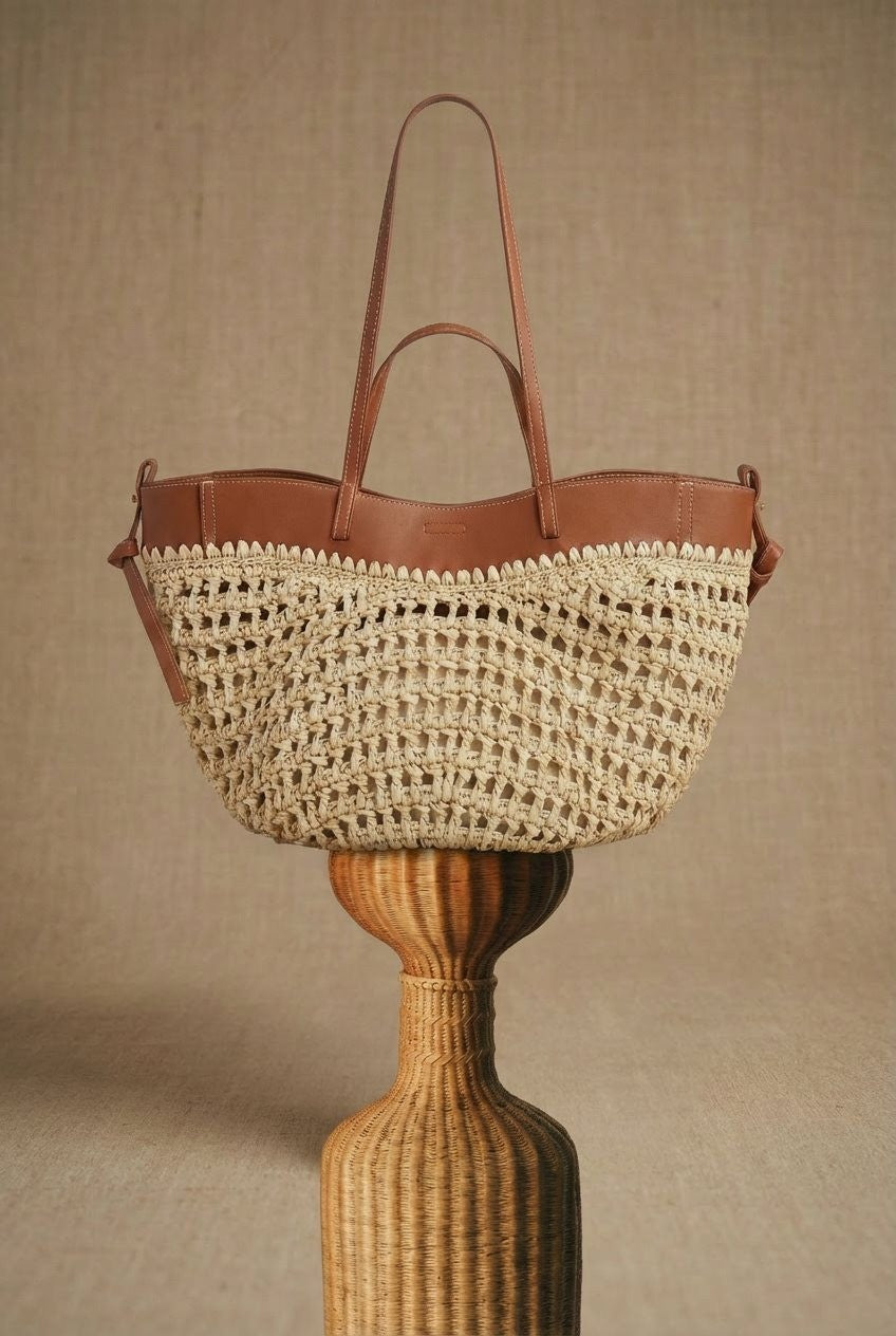 Woven Raffia & Leather Trim Double Strap Tote in Tan - Women's Fashion | Urban Daizy