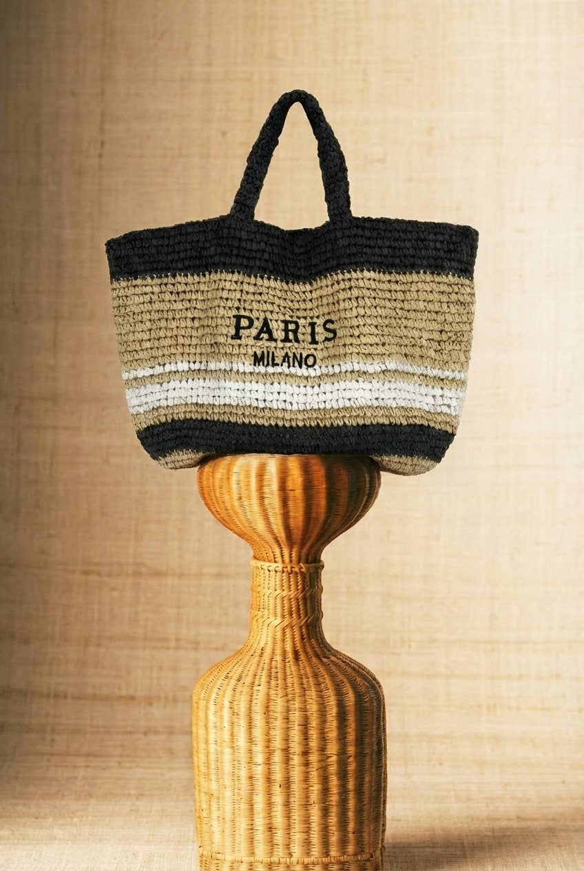 Paris Milano Woven Stripe Raffia Tote Bag in Tan - Women's Fashion | Urban Daizy