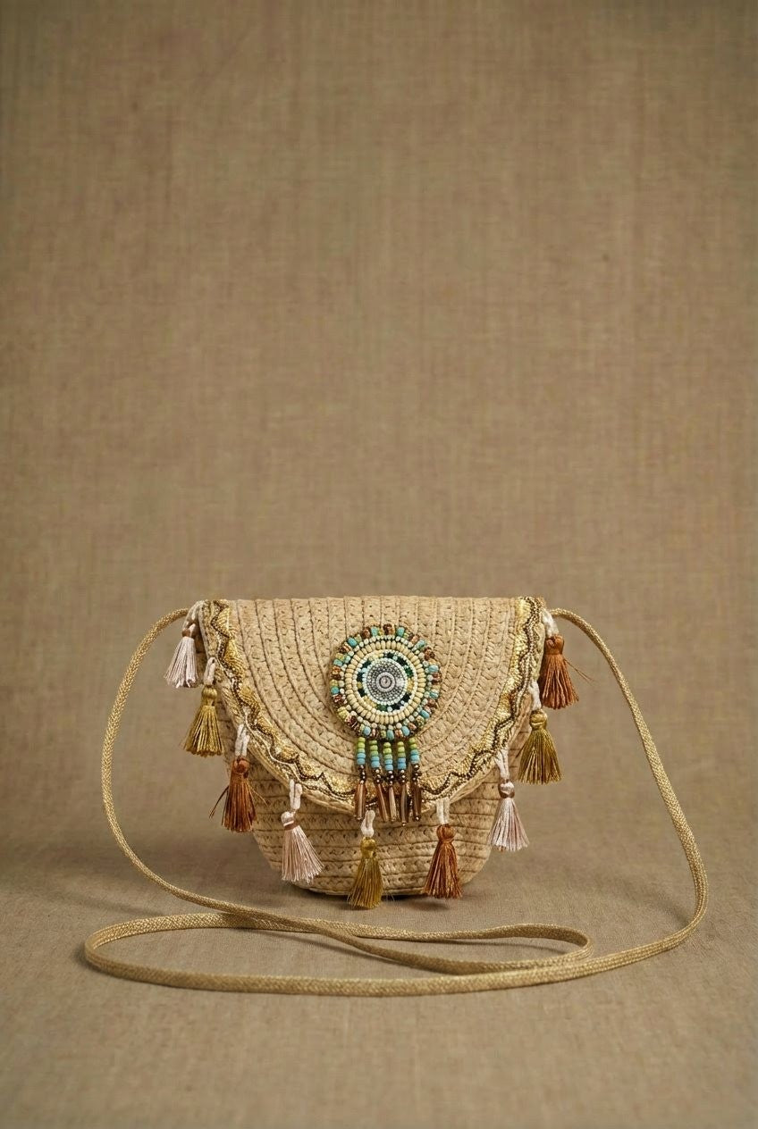Woven Straw Beaded Medallion Tassel Crossbody Bag in Tan - Women's Fashion | Urban Daizy