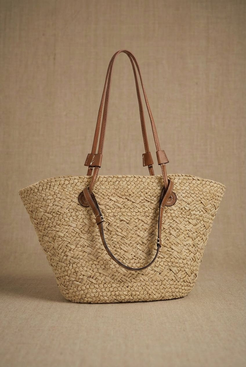 Woven Straw Market Tote Bag with Leather Straps in Tan - Women's Fashion | Urban Daizy