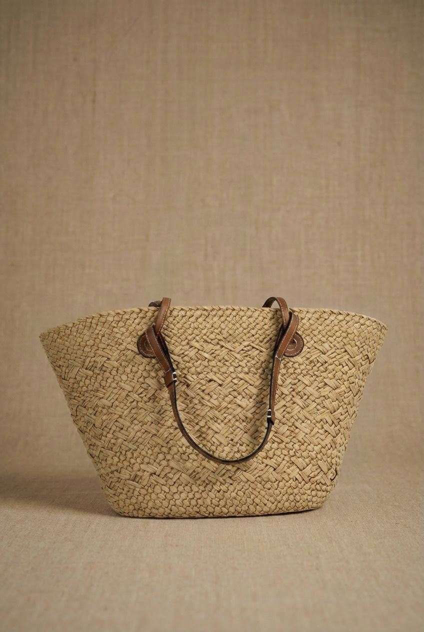 Woven Straw Market Tote Bag with Leather Straps in Tan - Women's Fashion | Urban Daizy