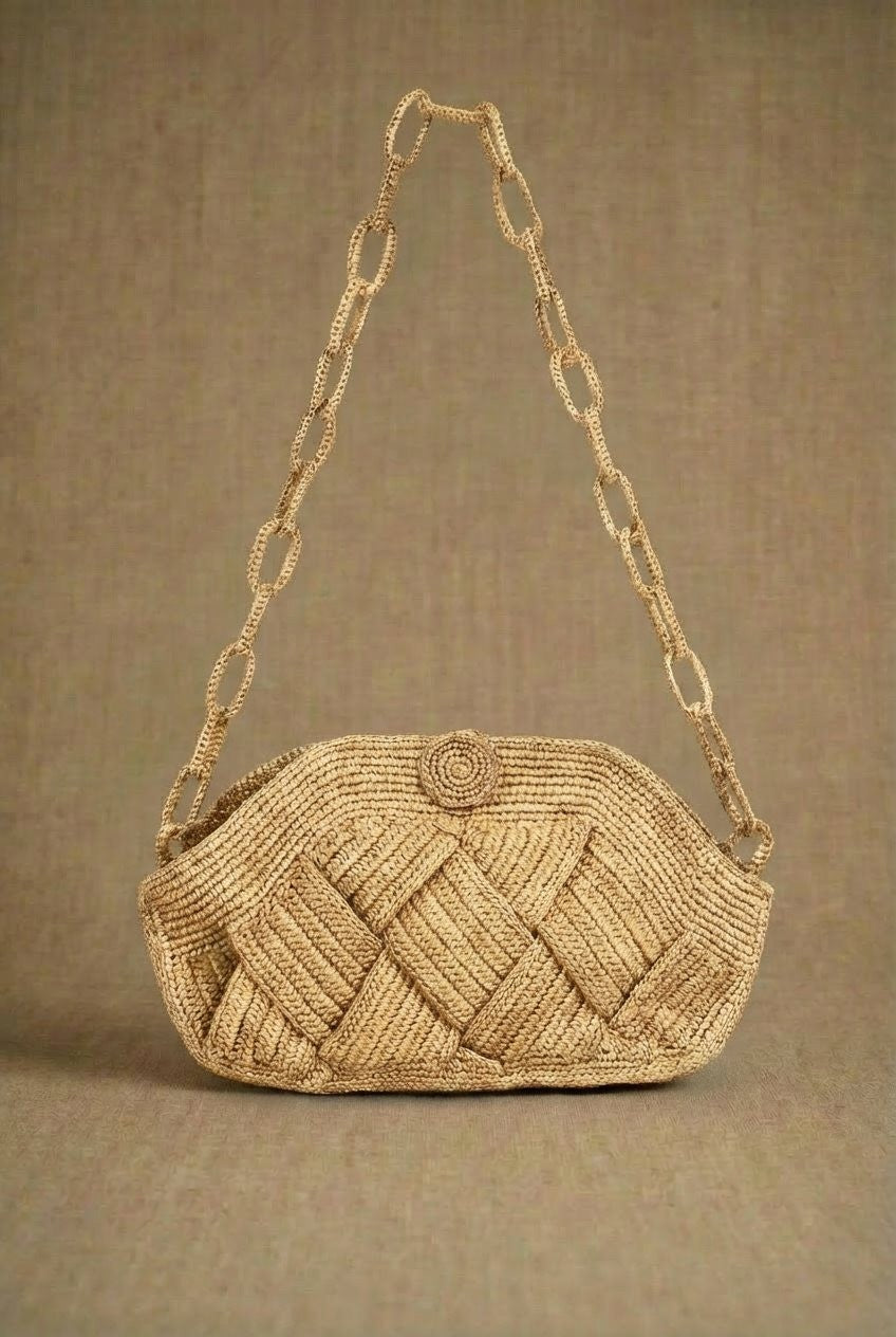 Raffia Woven Lattice Clutch with Chain Strap in Tan - Women's Fashion | Urban Daizy