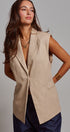 Linen Sleeveless Tailored Vest With Notched Lapel in Khaki - Women's Fashion | Urban Daizy