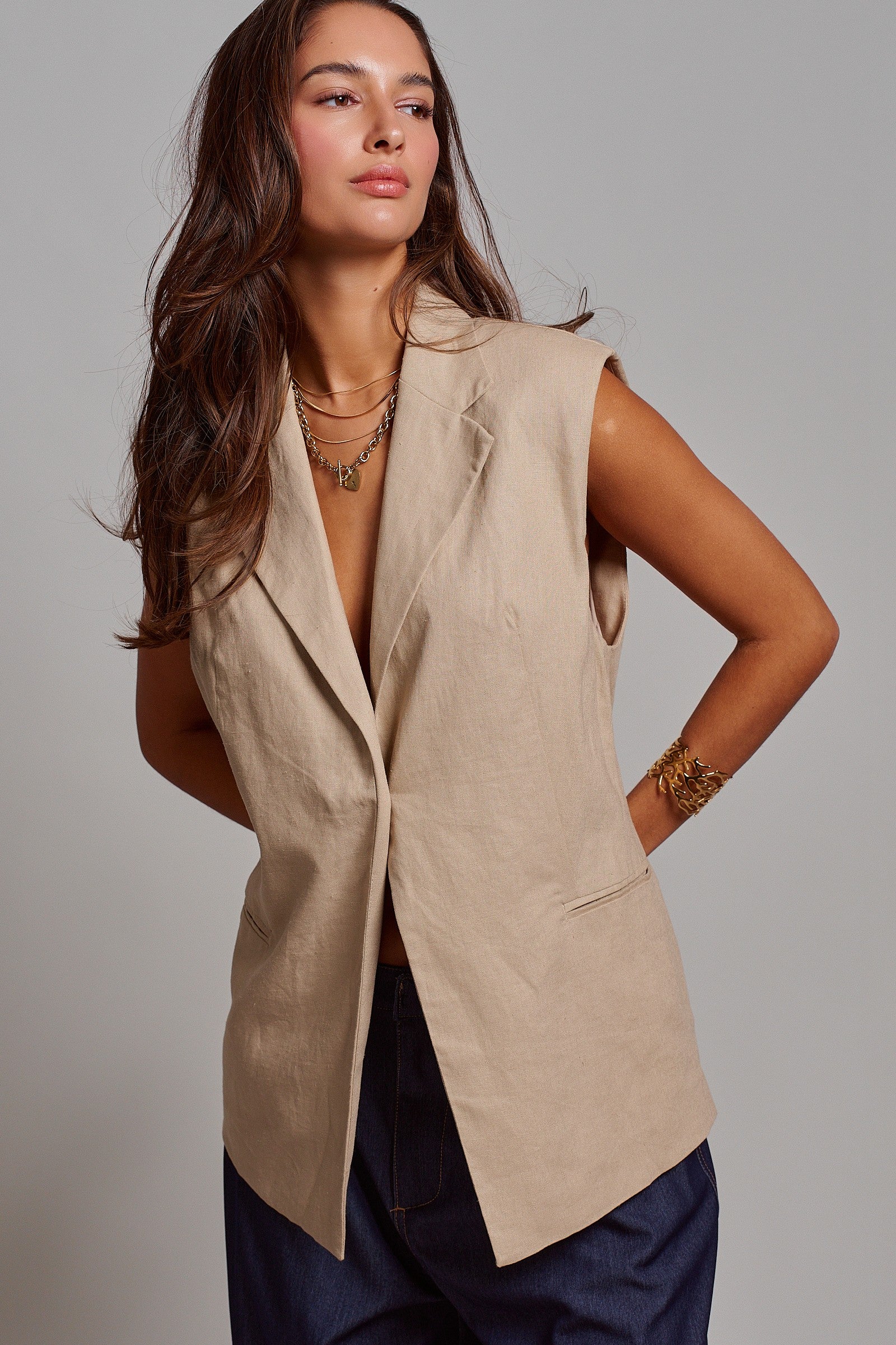 Linen Sleeveless Tailored Vest With Notched Lapel in Khaki - Women's Fashion | Urban Daizy