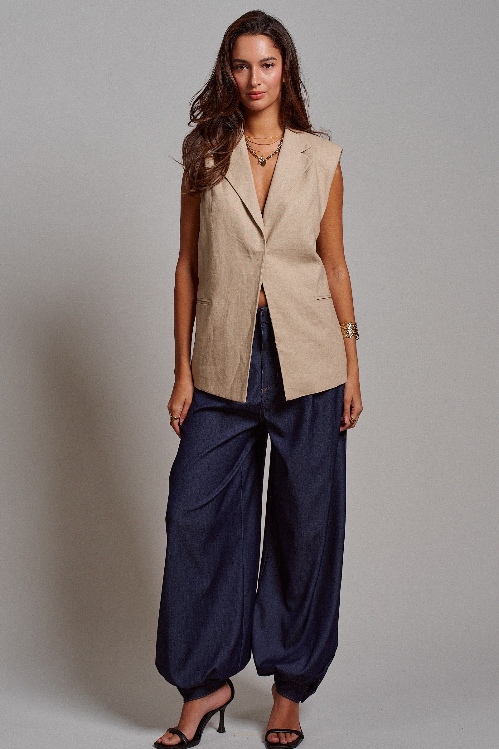 Linen Sleeveless Tailored Vest With Notched Lapel in Khaki - Women's Fashion | Urban Daizy