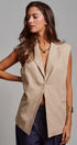 Linen Sleeveless Tailored Vest With Notched Lapel in Khaki - Women's Fashion | Urban Daizy