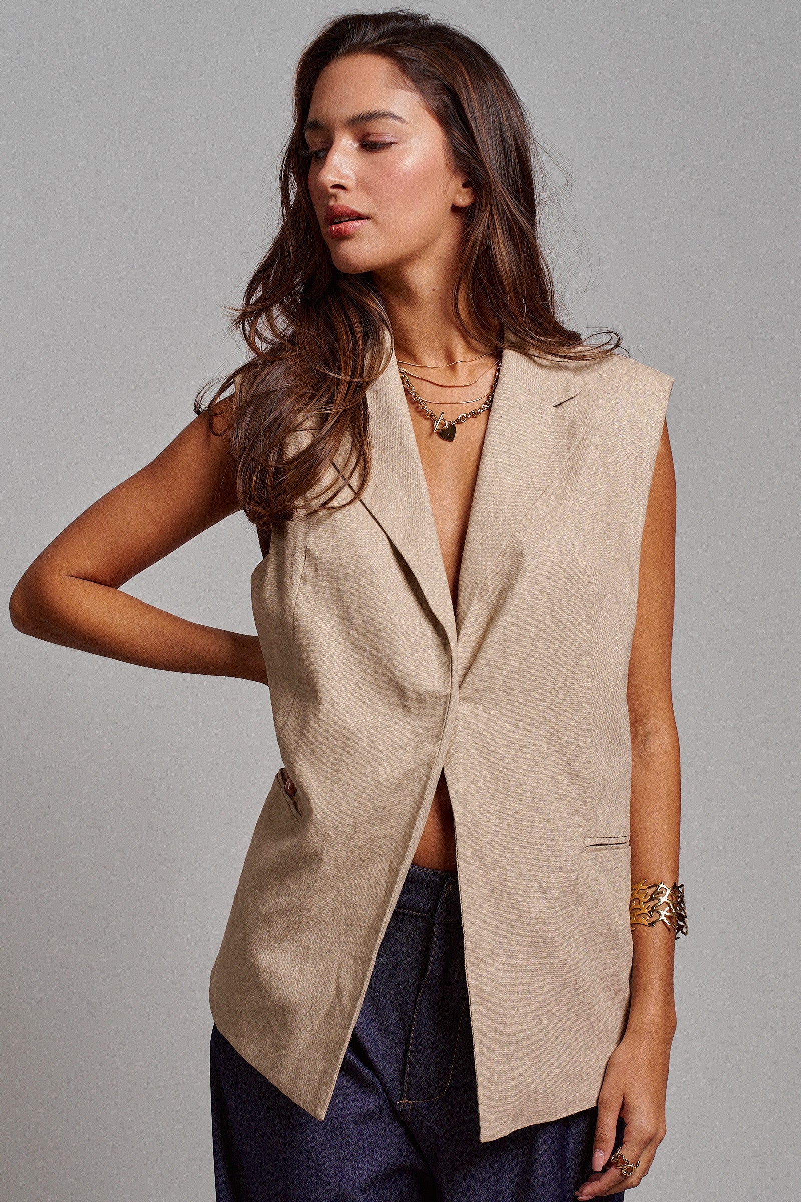 Linen Sleeveless Tailored Vest With Notched Lapel in Khaki - Women's Fashion | Urban Daizy