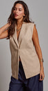 Linen Sleeveless Tailored Vest With Notched Lapel in Khaki - Women's Fashion | Urban Daizy