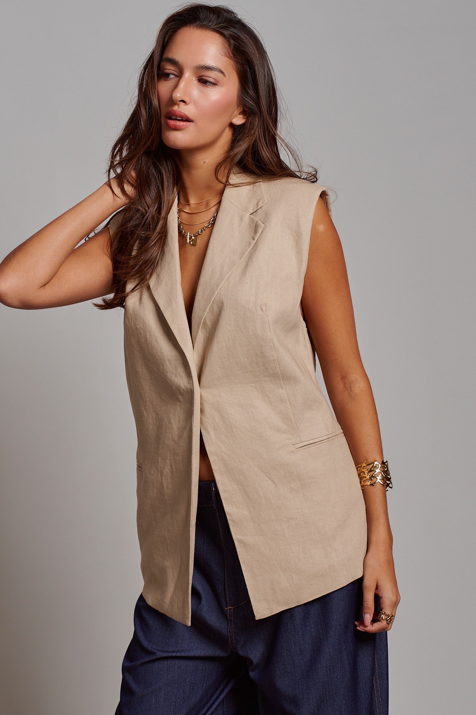 Linen Sleeveless Tailored Vest With Notched Lapel in Khaki - Women's Fashion | Urban Daizy