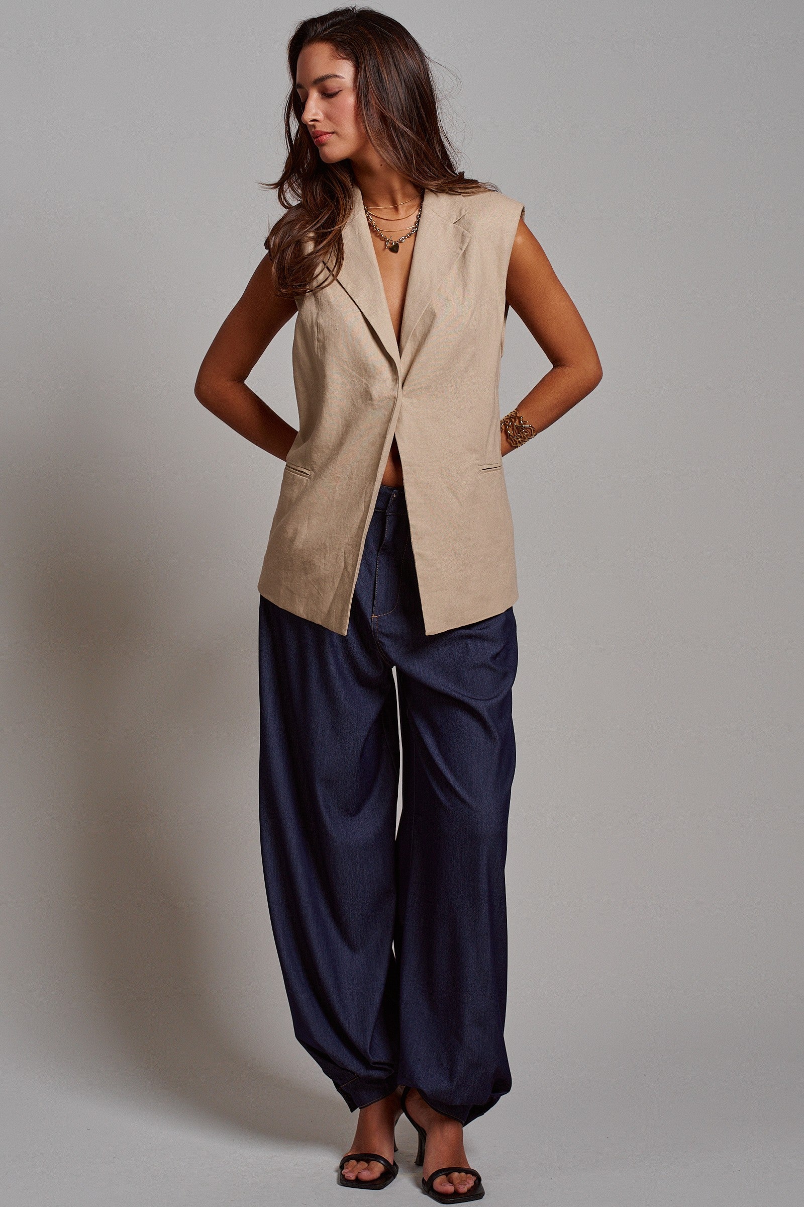 Linen Sleeveless Tailored Vest With Notched Lapel in Khaki - Women's Fashion | Urban Daizy