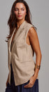 Linen Sleeveless Tailored Vest With Notched Lapel in Khaki - Women's Fashion | Urban Daizy