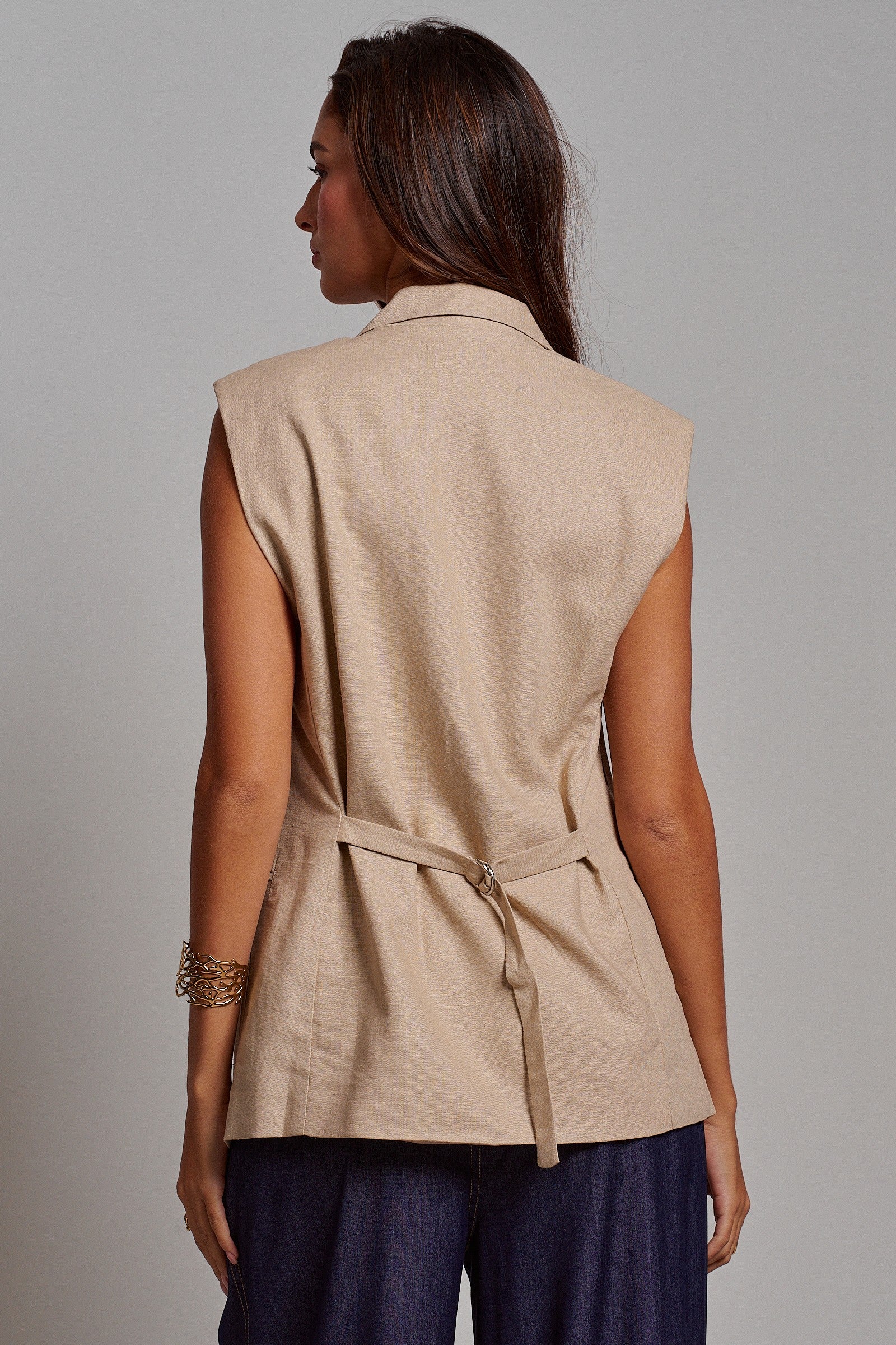 Linen Sleeveless Tailored Vest With Notched Lapel in Khaki - Women's Fashion | Urban Daizy