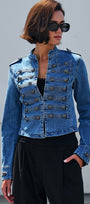 Military Denim Jean Jacket Double Button Front in Blue - Women's Jackets & Blazers | Urban Daizy