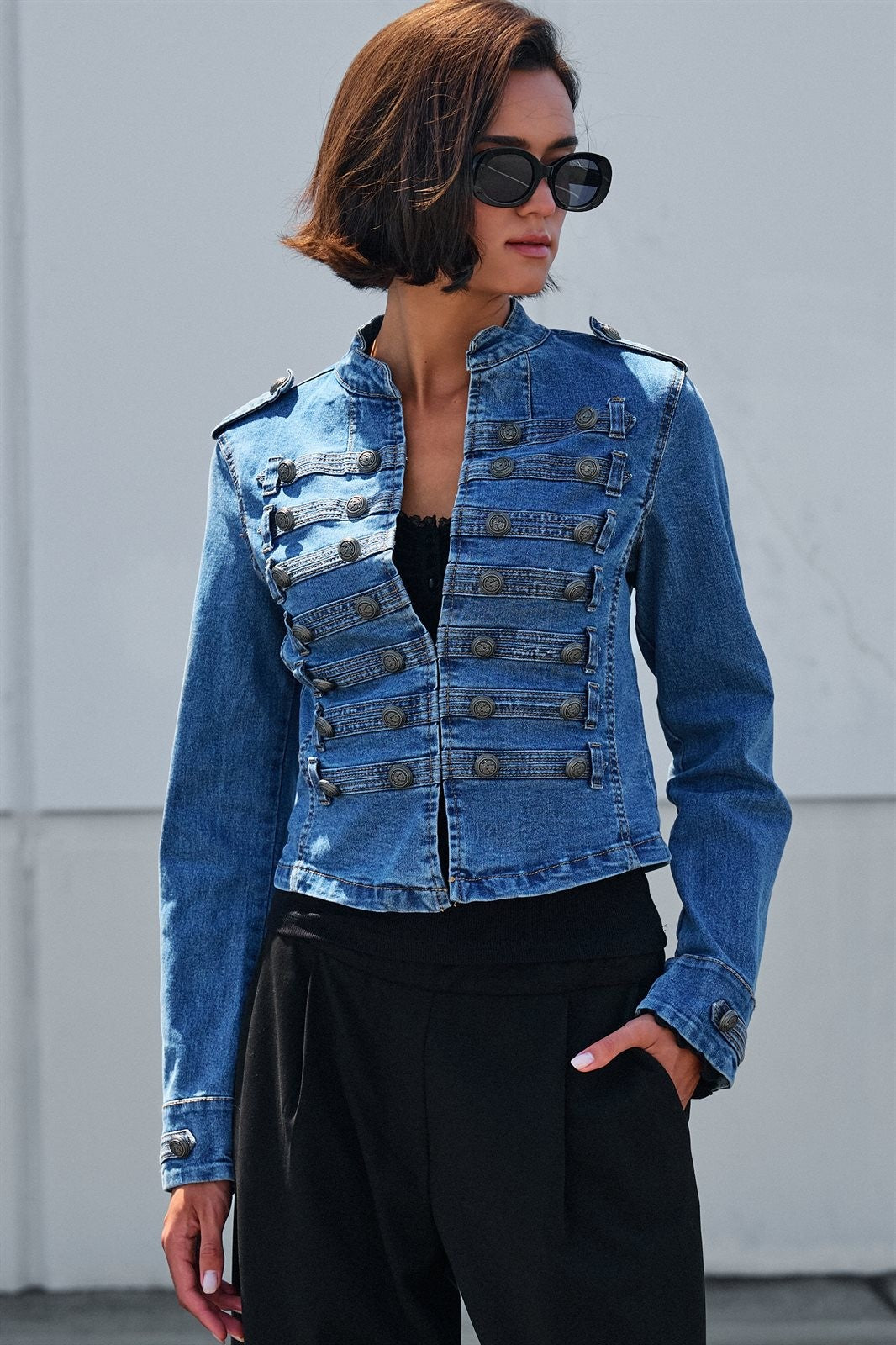 Military Denim Jean Jacket Double Button Front in Blue - Women's Jackets & Blazers | Urban Daizy