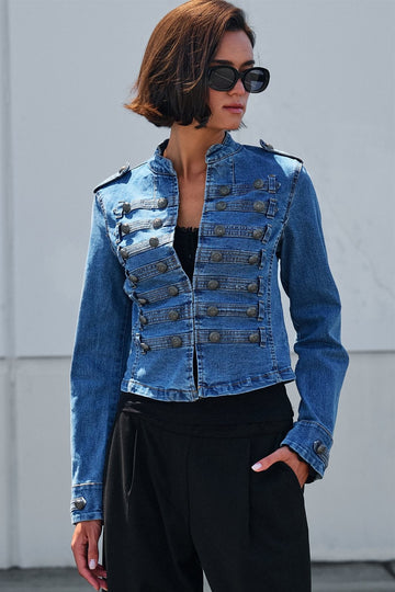 Military Double-Button Denim Jean Jacket