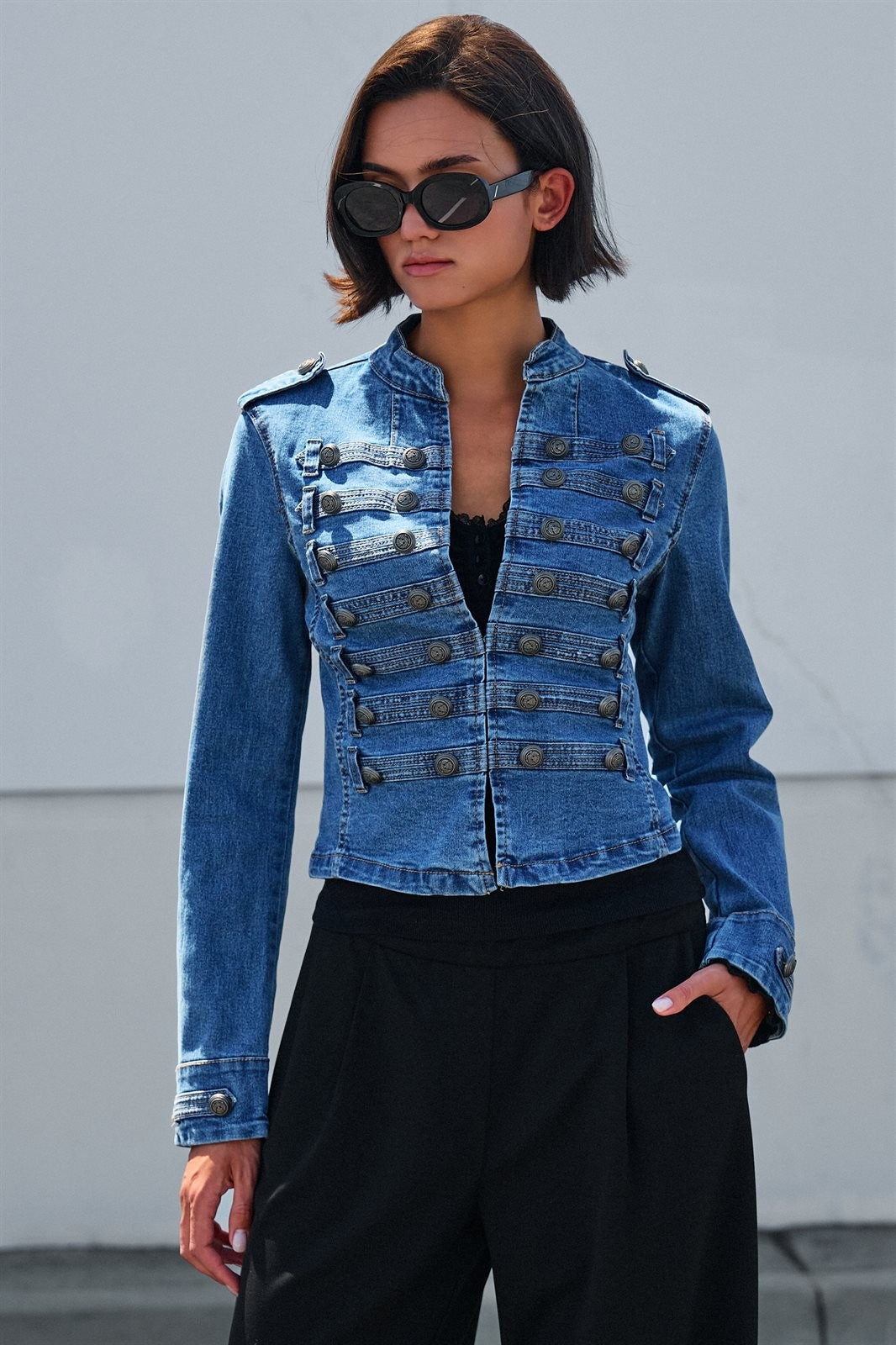 Military Denim Jean Jacket Double Button Front in Blue - Women's Jackets & Blazers | Urban Daizy
