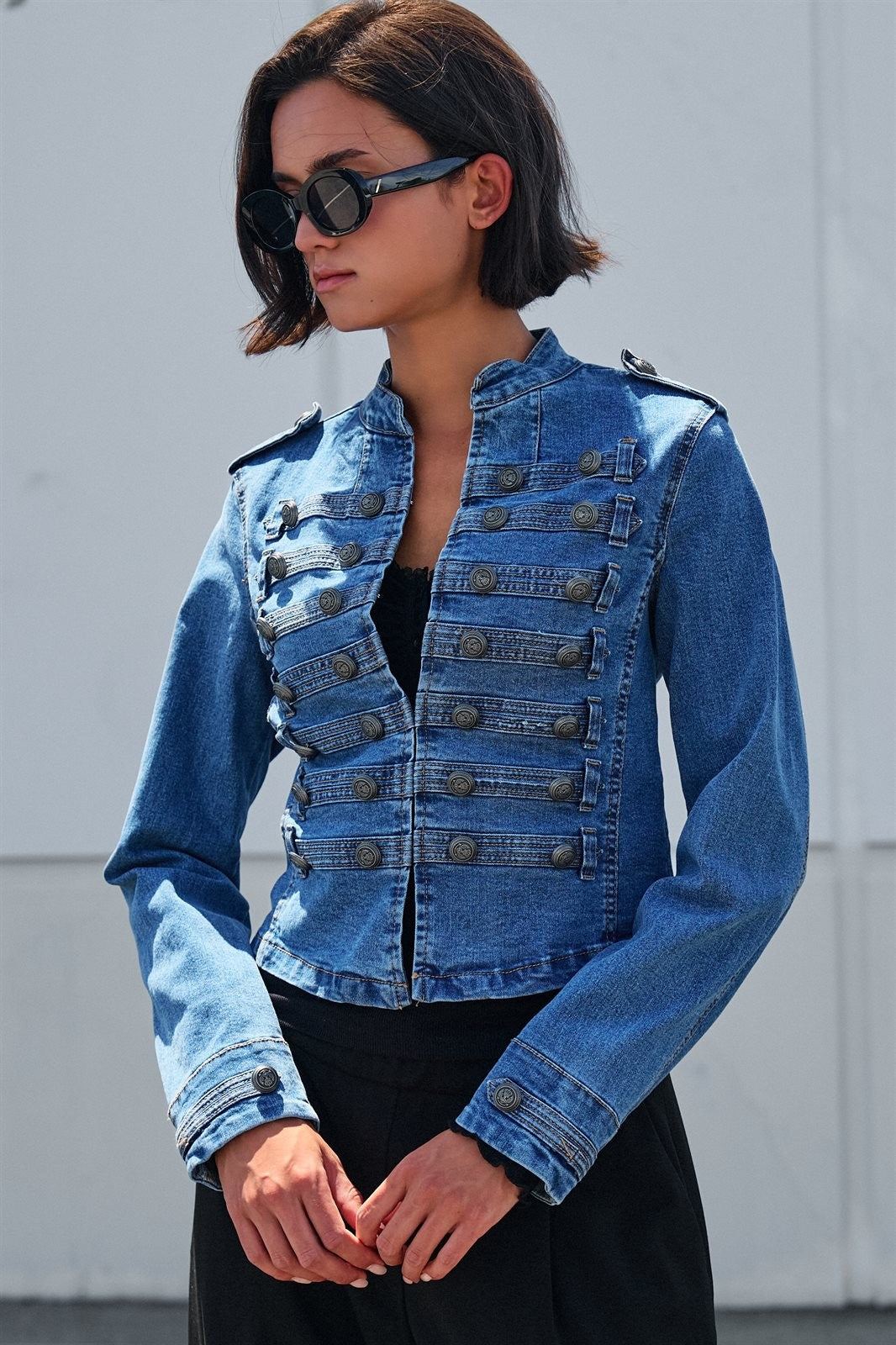 Military Denim Jean Jacket Double Button Front in Blue - Women's Jackets & Blazers | Urban Daizy