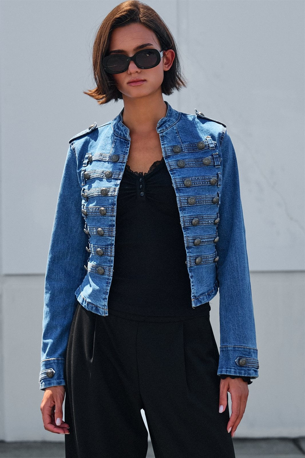Military Denim Jean Jacket Double Button Front in Blue - Women's Jackets & Blazers | Urban Daizy