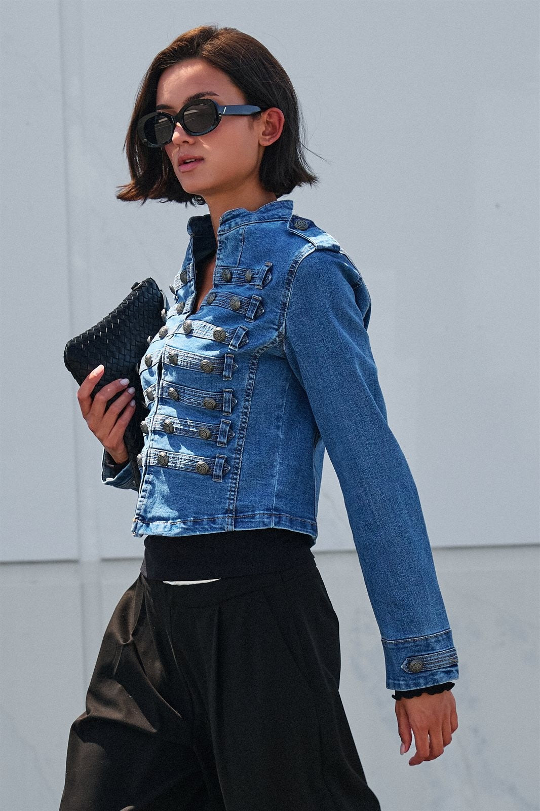 Military Denim Jean Jacket Double Button Front in Blue - Women's Jackets & Blazers | Urban Daizy