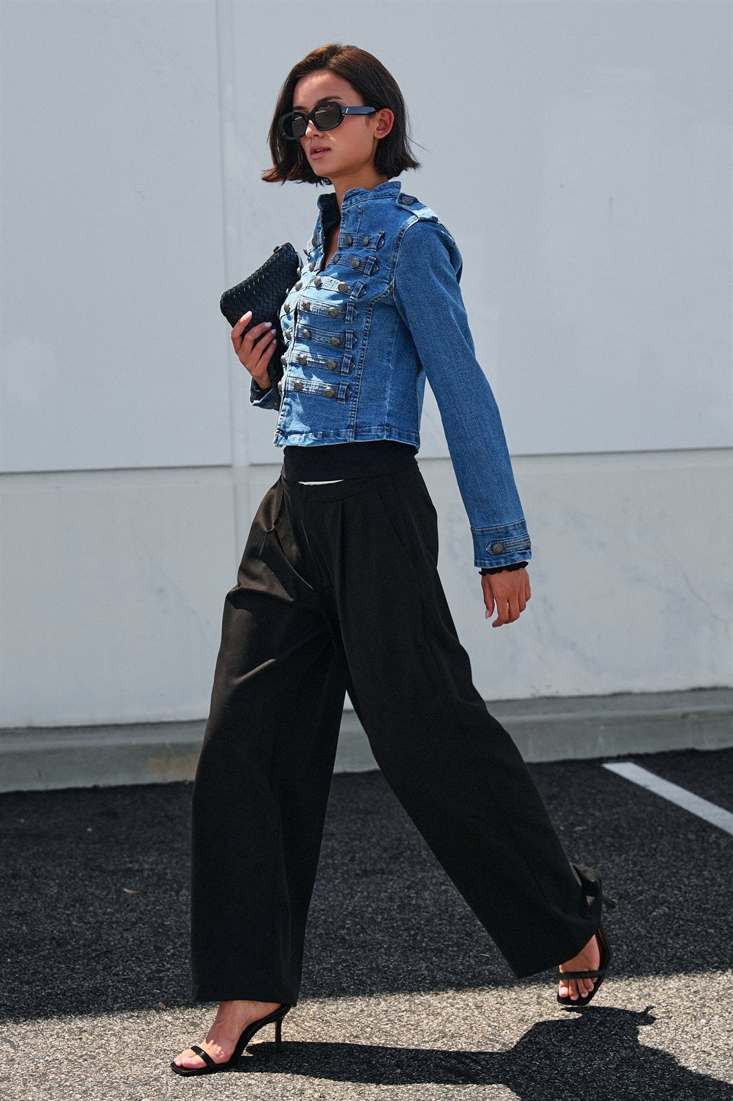 Military Denim Jean Jacket Double Button Front in Blue - Women's Jackets & Blazers | Urban Daizy