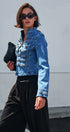 Military Denim Jean Jacket Double Button Front in Blue - Women's Jackets & Blazers | Urban Daizy