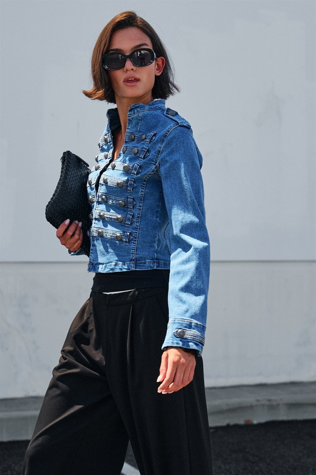 Military Denim Jean Jacket Double Button Front in Blue - Women's Jackets & Blazers | Urban Daizy