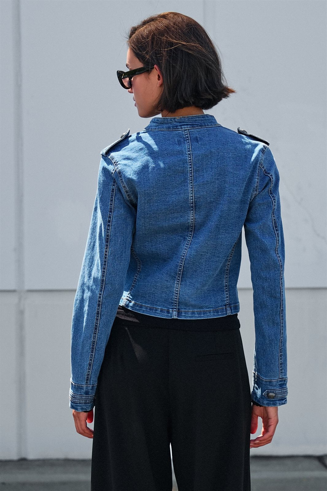 Military Denim Jean Jacket Double Button Front in Blue - Women's Jackets & Blazers | Urban Daizy