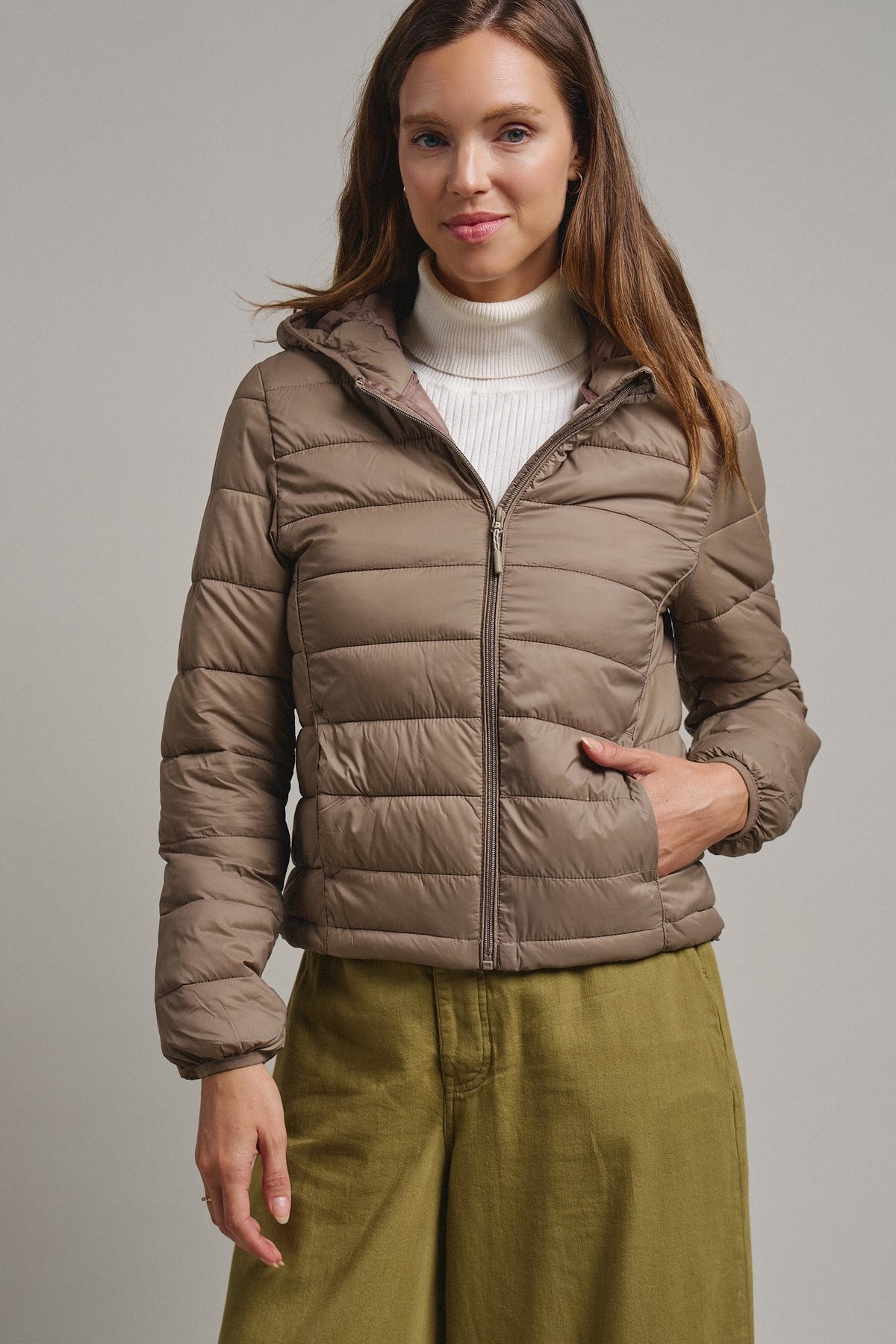 Crisp Air Hooded Puffer Jacket in Mocha - Women's Puffer Outerwear | Urban Daizy