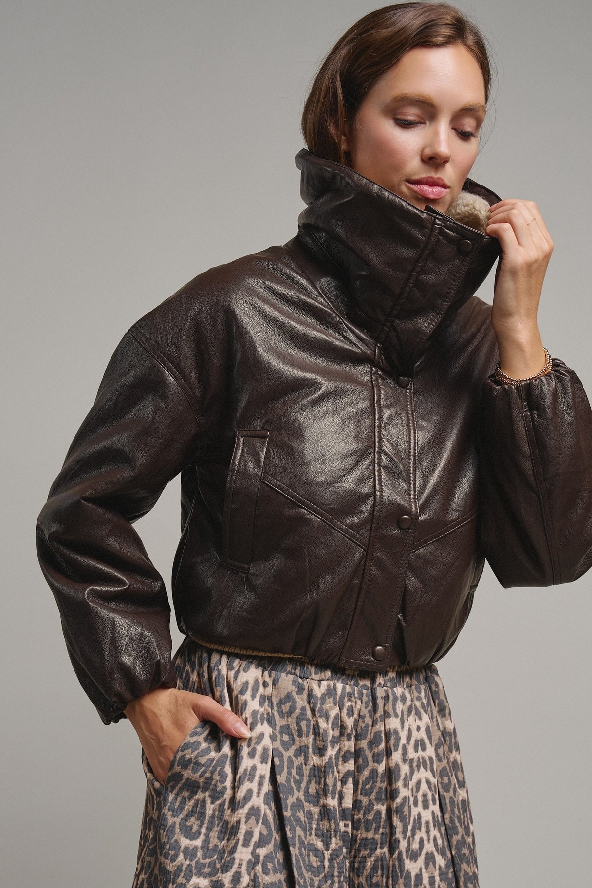Aviator Hour Sherpa Crop Jacket in Chocolate - Women's Jackets & Blazers | Urban Daizy