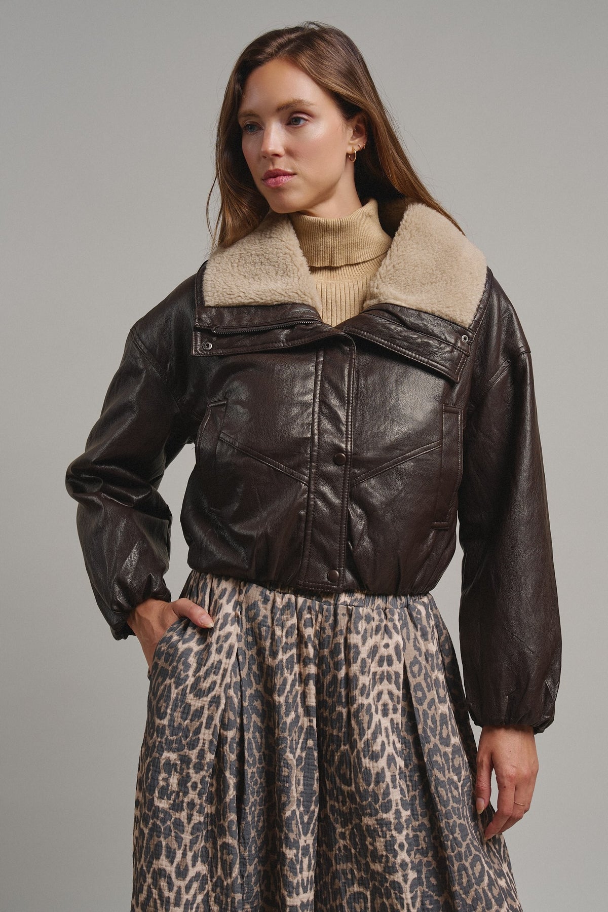 Aviator Hour Sherpa Crop Jacket in Chocolate - Women's Jackets & Blazers | Urban Daizy