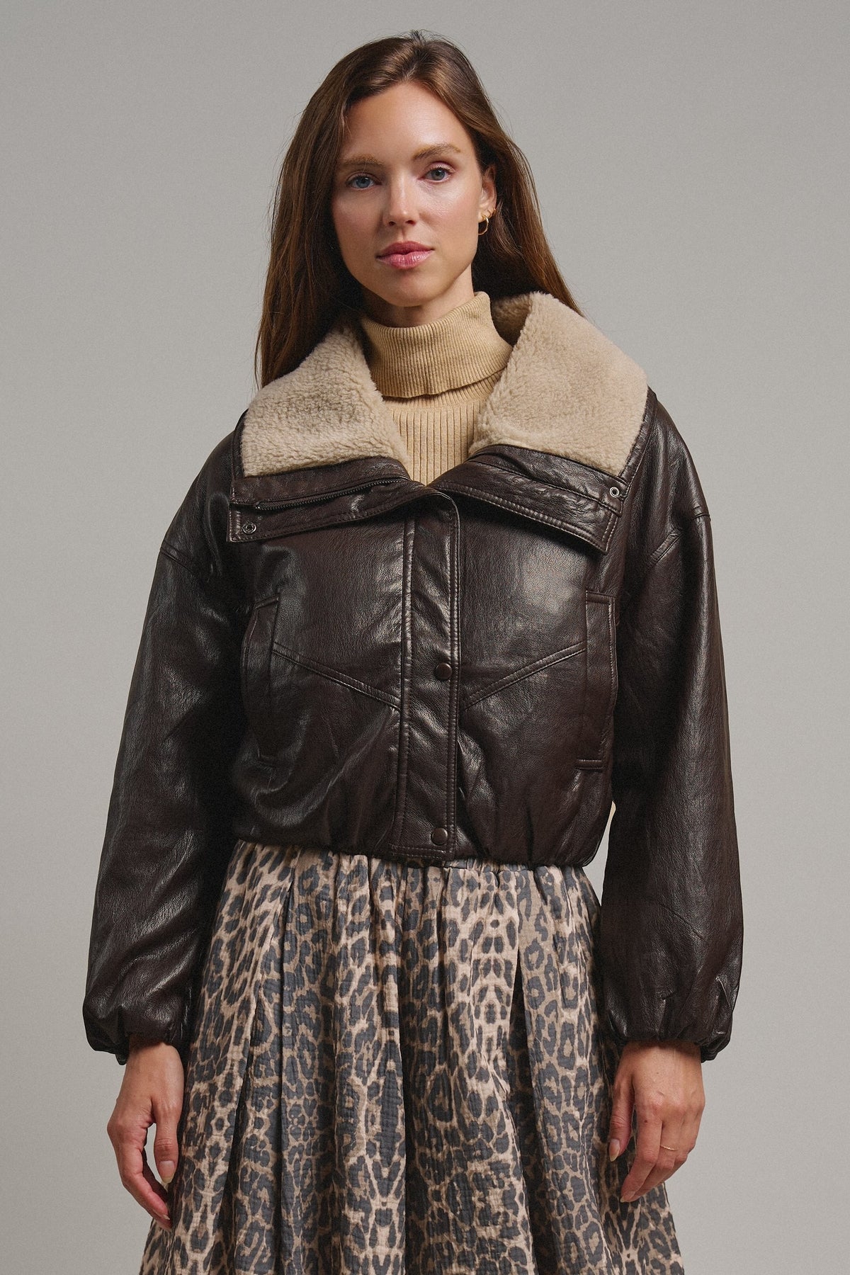 Aviator Hour Sherpa Crop Jacket in Chocolate - Women's Jackets & Blazers | Urban Daizy