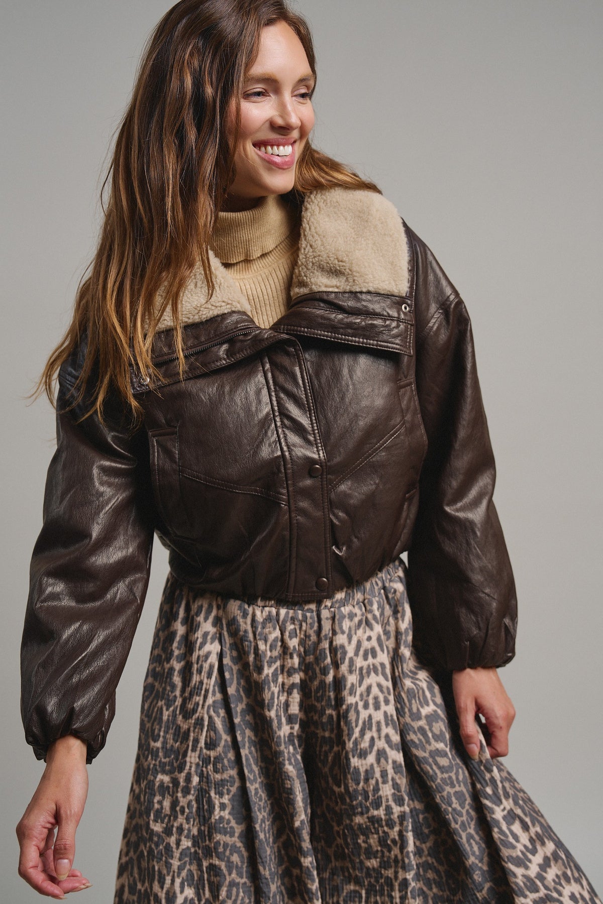 Aviator Hour Sherpa Crop Jacket in Chocolate - Women's Jackets & Blazers | Urban Daizy