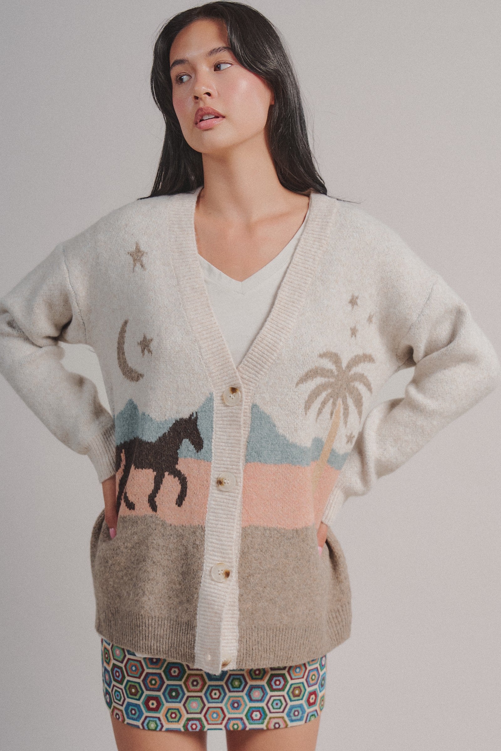 Palm Tree Horse Scenic Knit Cardigan in Taupe	 - Women's Fashion | Urban Daizy