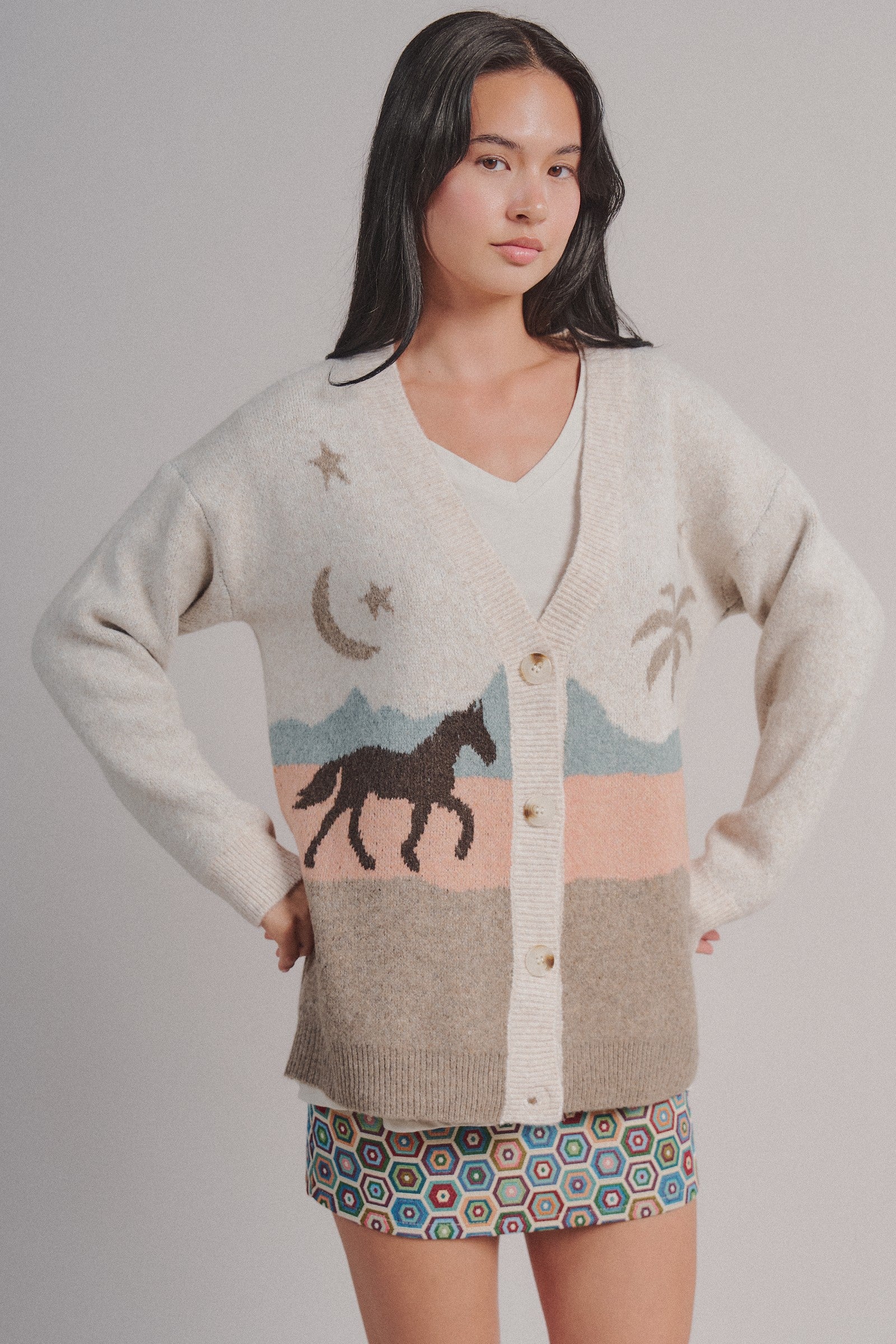 Palm Tree Horse Scenic Knit Cardigan in Taupe	 - Women's Fashion | Urban Daizy
