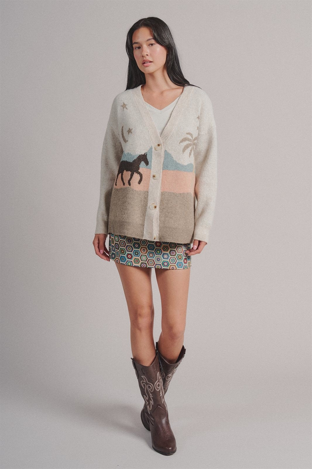Palm Tree Horse Scenic Knit Cardigan in Taupe	 - Women's Fashion | Urban Daizy