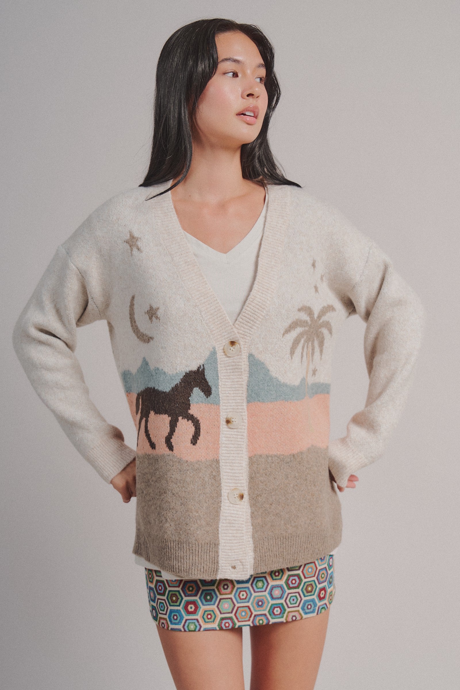 Palm Tree Horse Scenic Knit Cardigan in Taupe	 - Women's Fashion | Urban Daizy