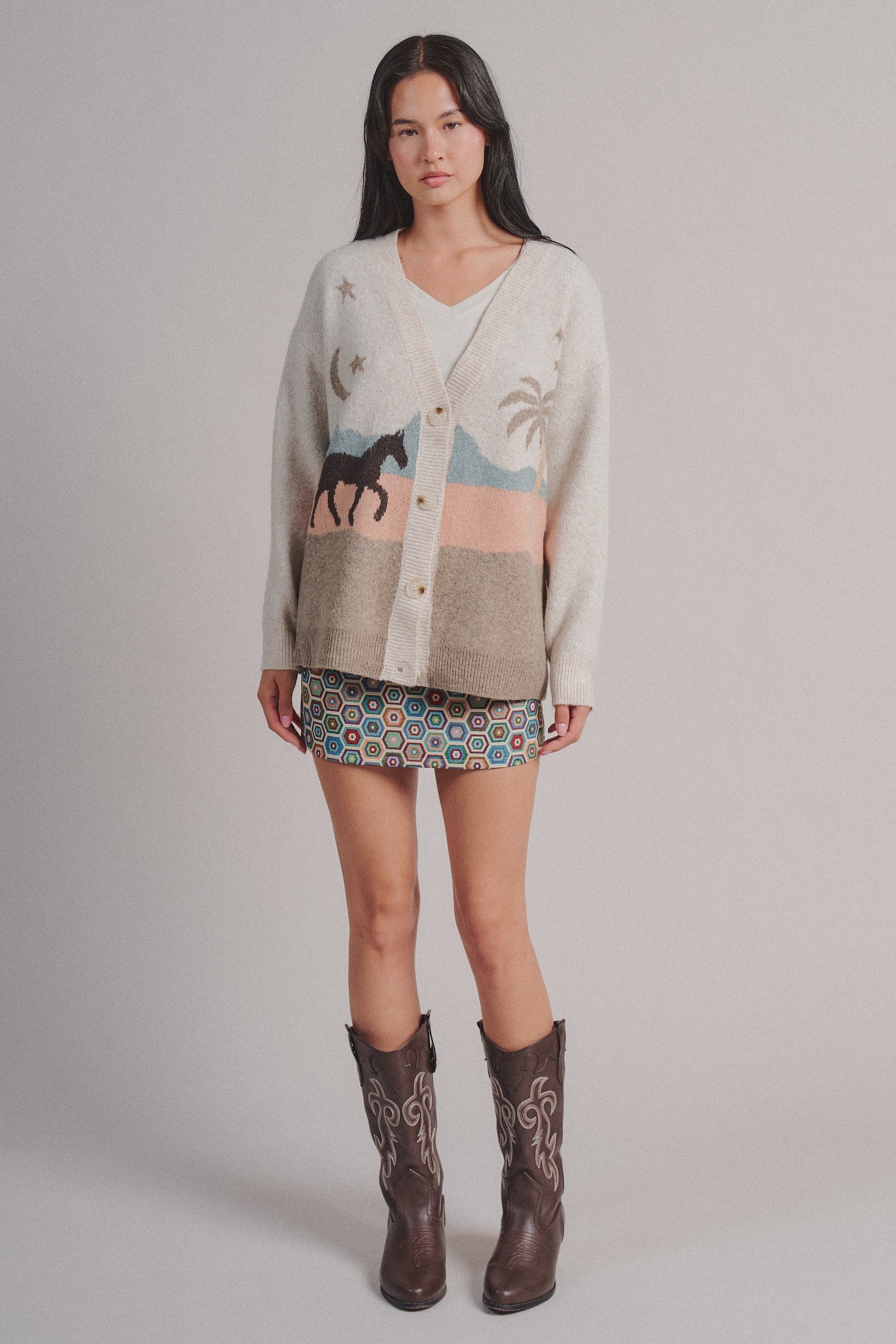 Palm Tree Horse Scenic Knit Cardigan in Taupe	 - Women's Fashion | Urban Daizy